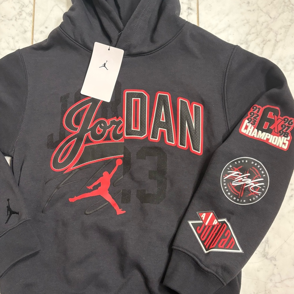 Jordan Varisty Jumpman Logo Patch Hoodie Hooded Sweatshirt Black Red Youth Boy M